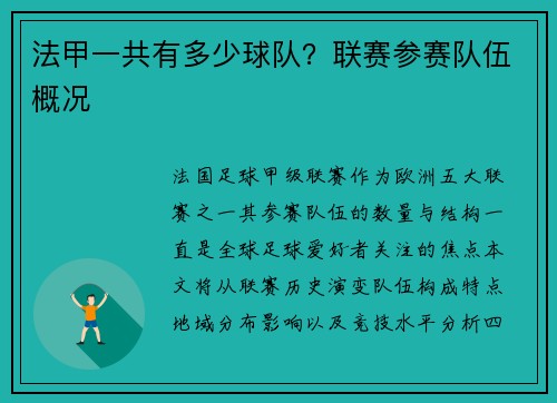 法甲一共有多少球队？联赛参赛队伍概况